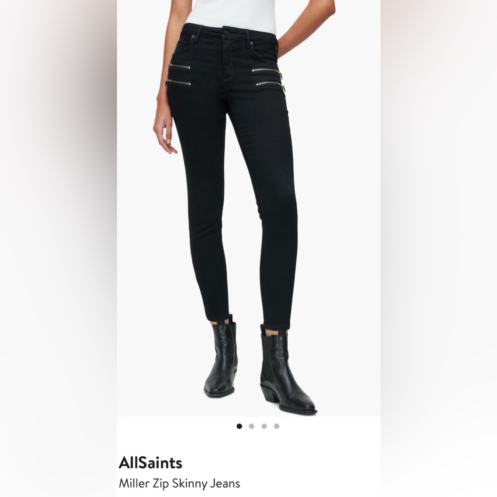 AllSaints Miller Zip Jean Womens Size 31, Black Skinny Mid Rise Ankle Stretch